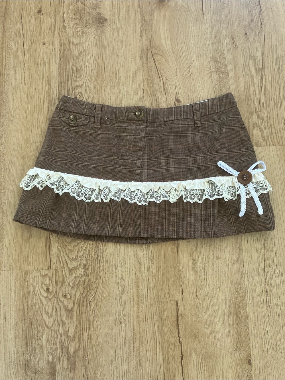 Y2k Coquette Style & Co. Brown Plaid Mini Skirt with Cream Lace Trim